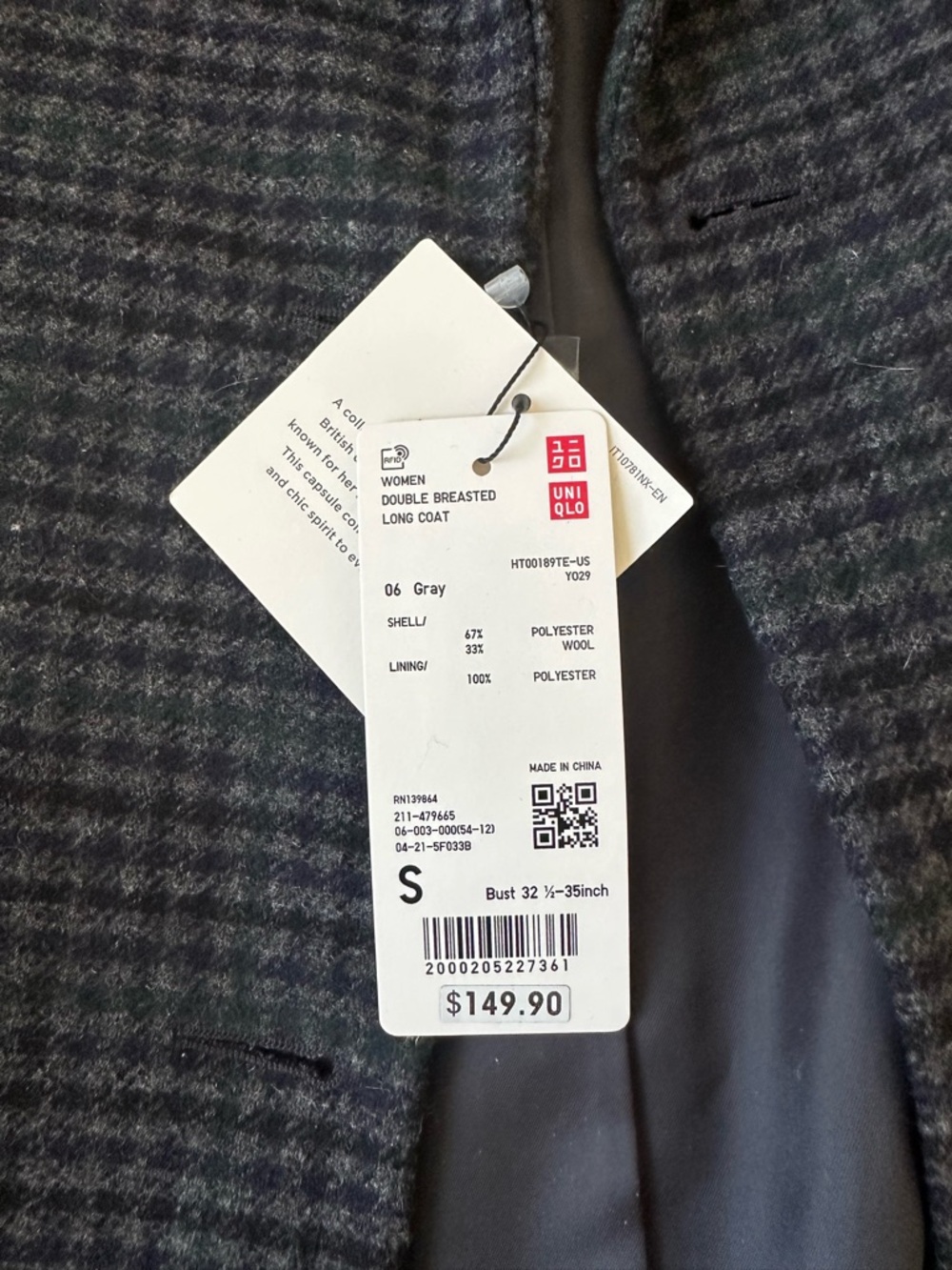 Women’s Uniqlo Double-Breasted Long Gray Plaid Overcoat - Picture 2 of 7